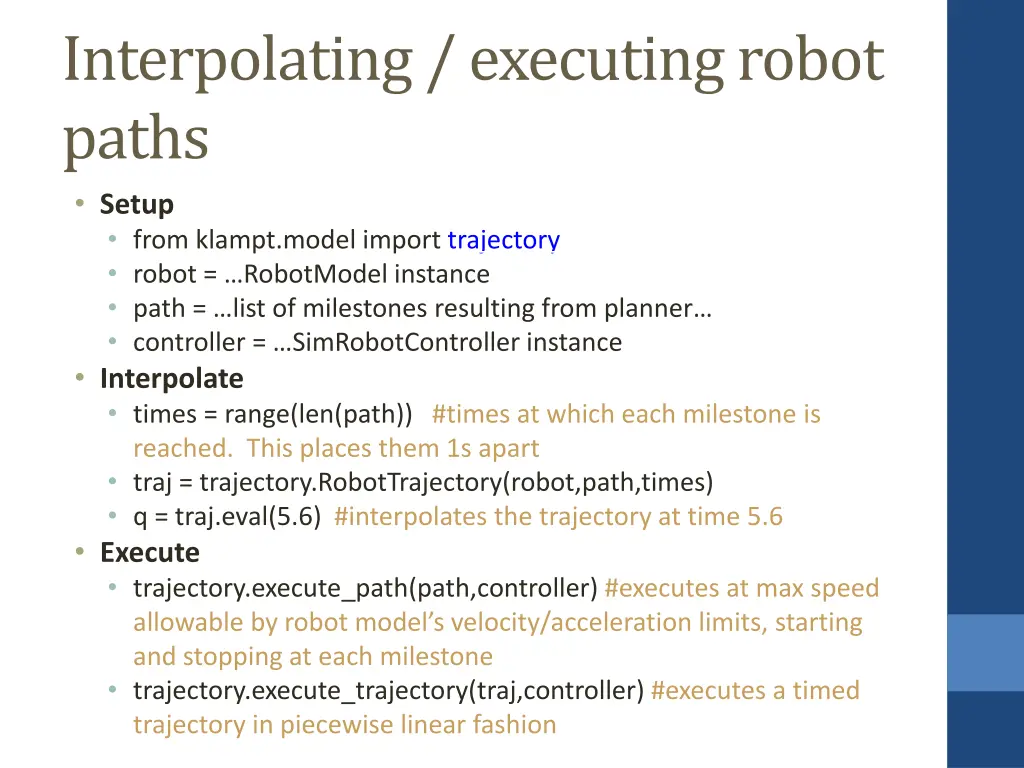 interpolating executing robot paths setup from