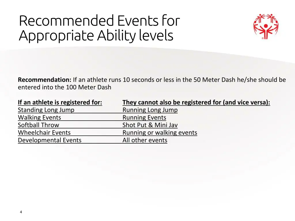 recommended events for appropriate ability levels