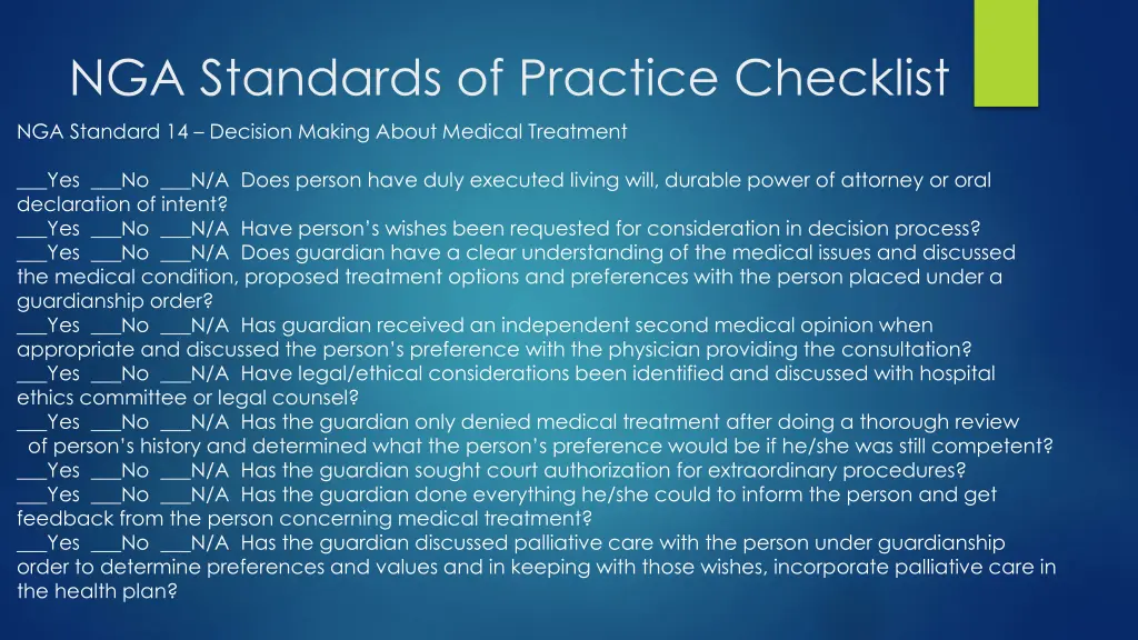 nga standards of practice checklist