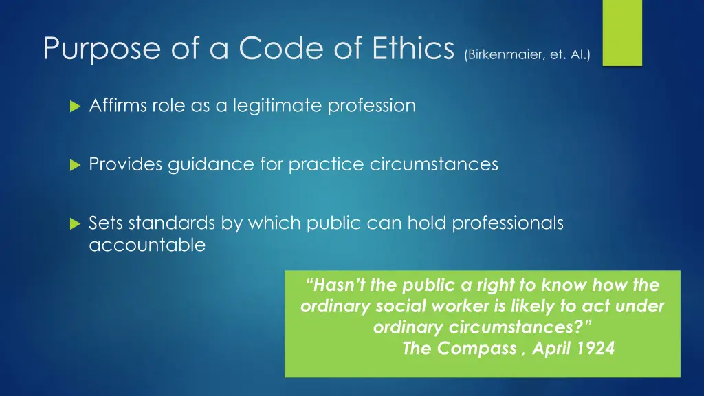 purpose of a code of ethics birkenmaier et al