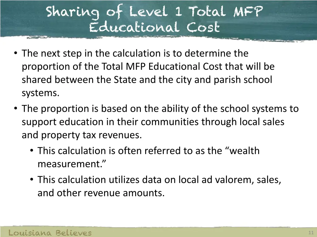 sharing of level 1 total mfp educational cost