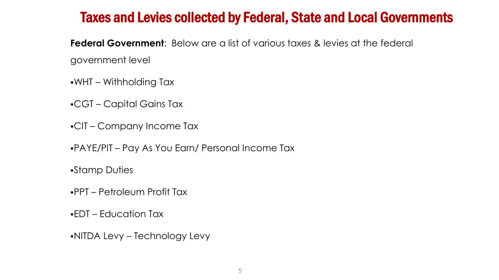 taxes and levies collected by federal state