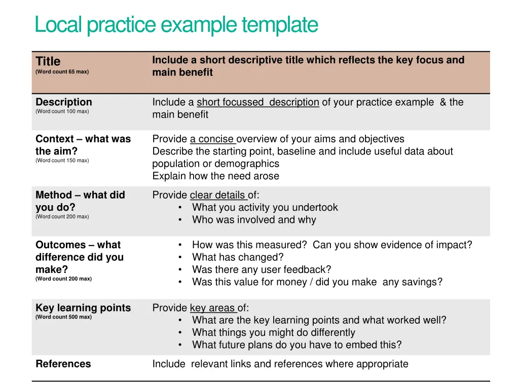 local practice example template
