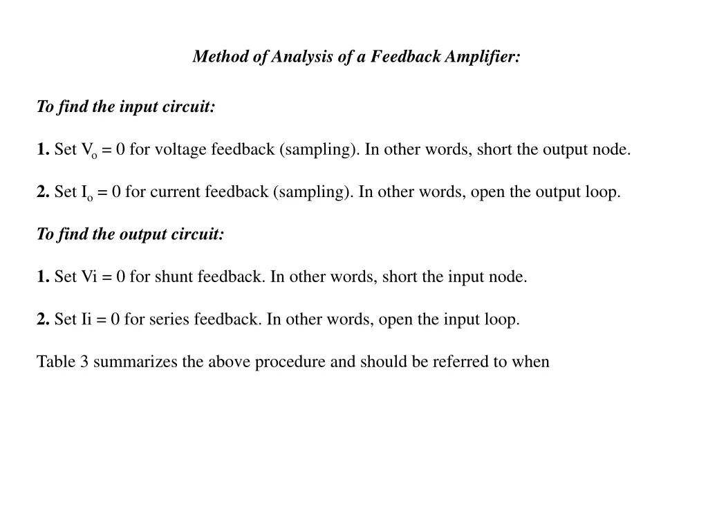 method of analysis of a feedback amplifier