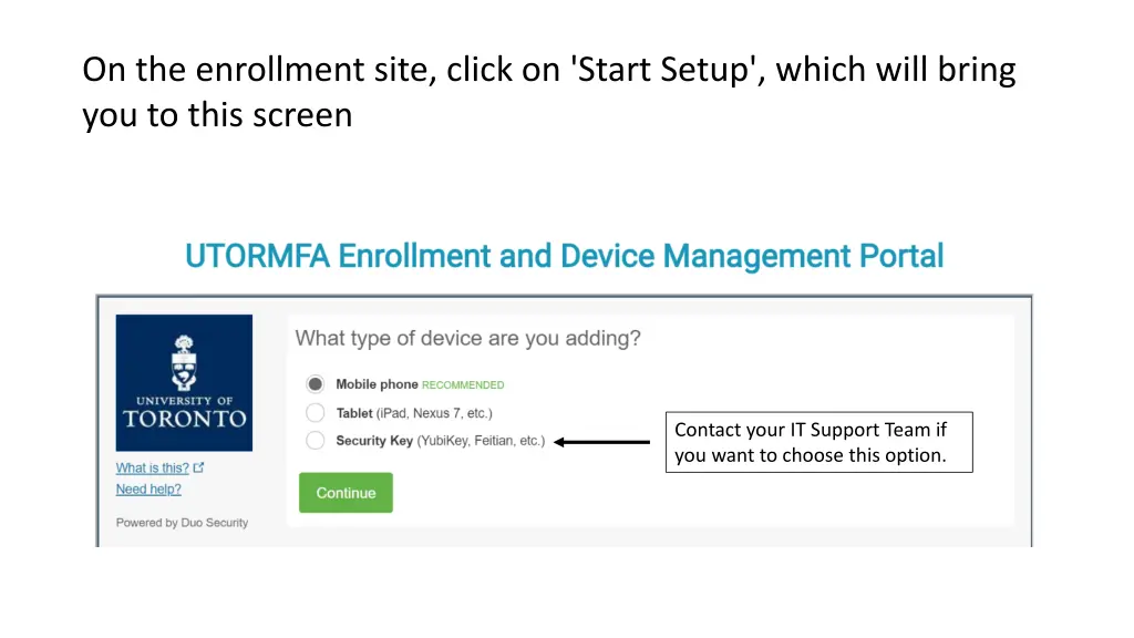 on the enrollment site click on start setup which