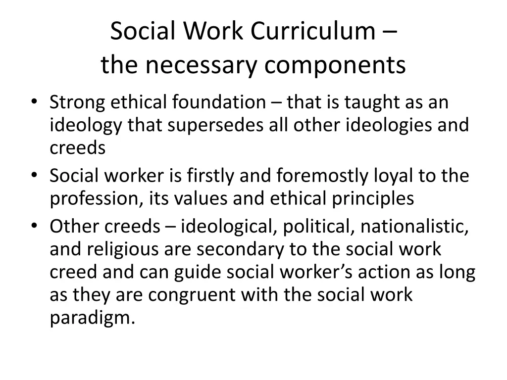 social work curriculum the necessary components