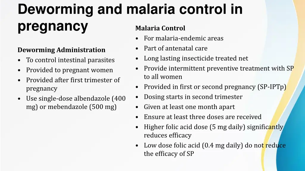 deworming and malaria control in pregnancy