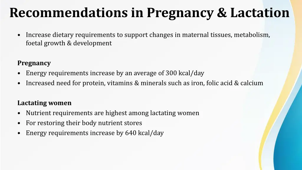 recommendations in pregnancy lactation