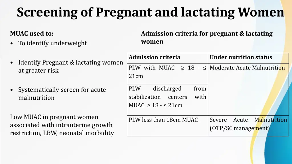 screening of pregnant and lactating women