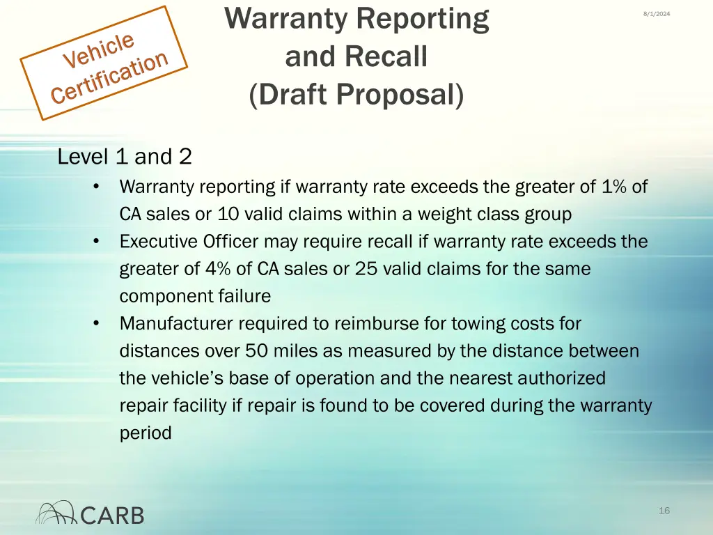 warranty reporting and recall draft proposal