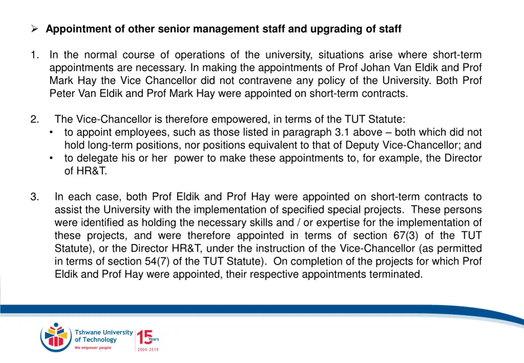 appointment of other senior management staff