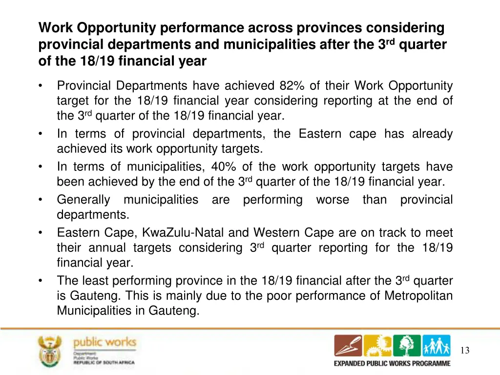 work opportunity performance across provinces