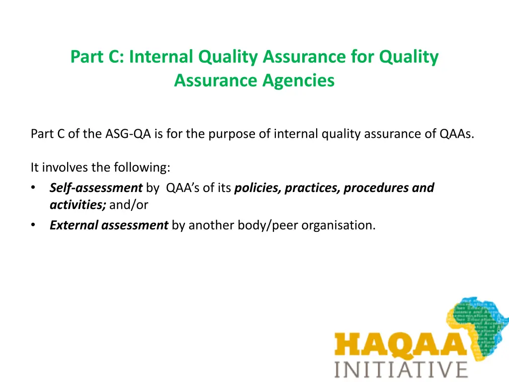 part c internal quality assurance for quality