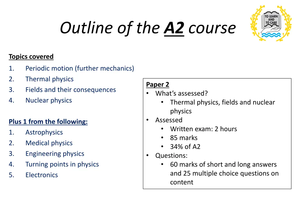 outline of the a2 course 1