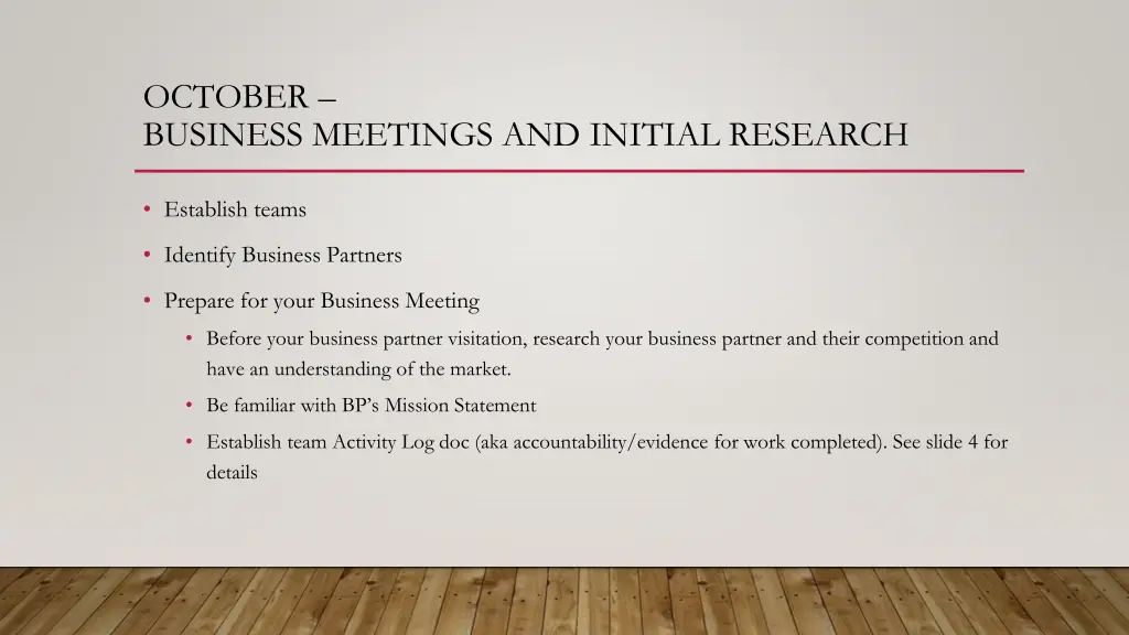 october business meetings and initial research