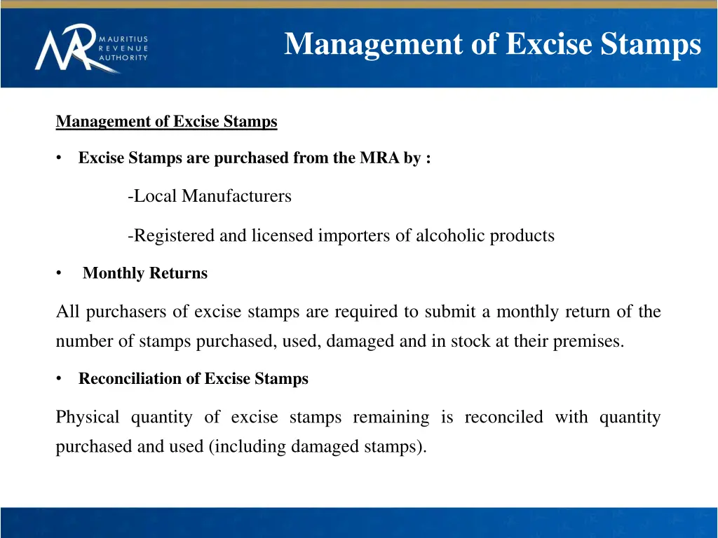 management of excise stamps