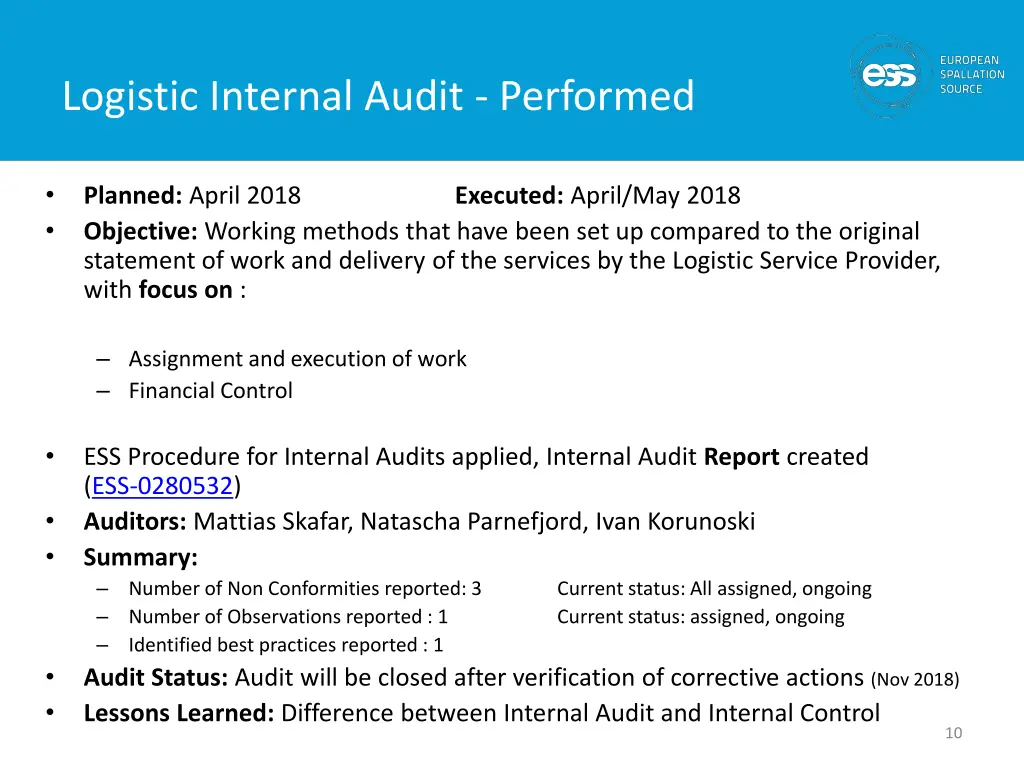 logistic internal audit performed