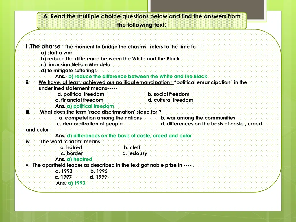 a read the multiple choice questions below