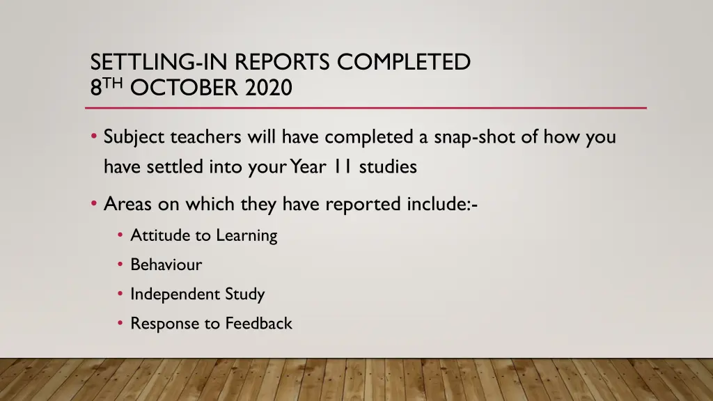 settling in reports completed 8 th october 2020