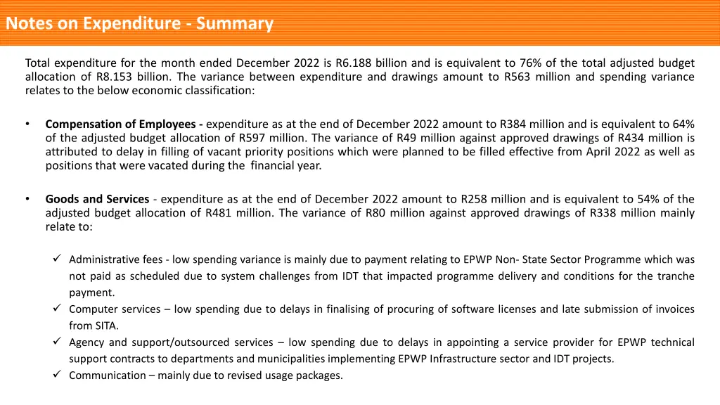 notes on expenditure summary