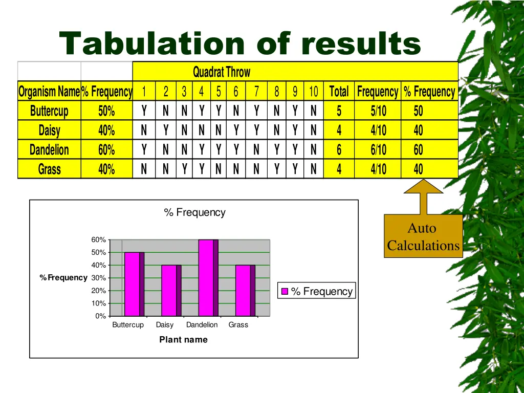 tabulation of results quadrat throw