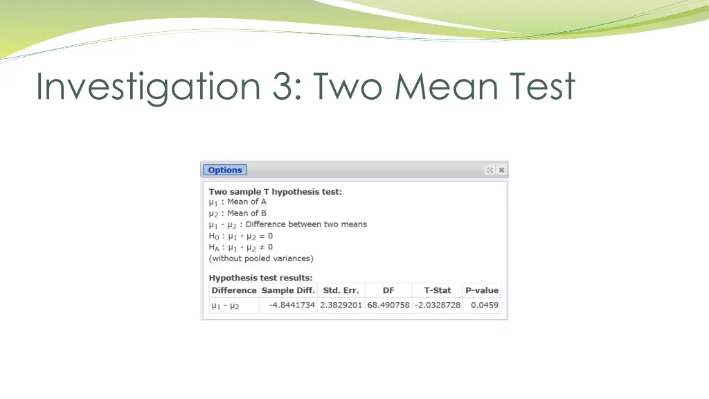 investigation 3 two mean test