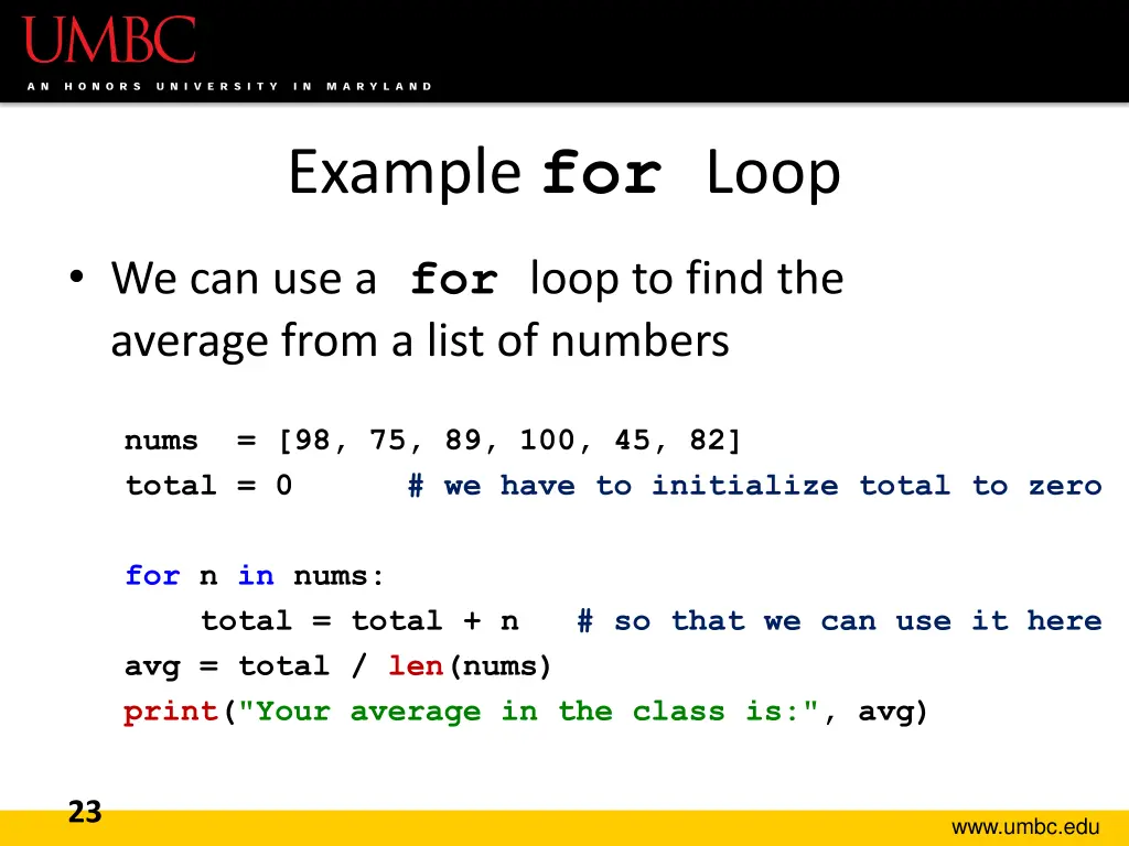 example for loop