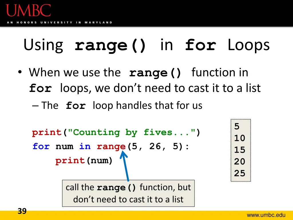 using range in for loops