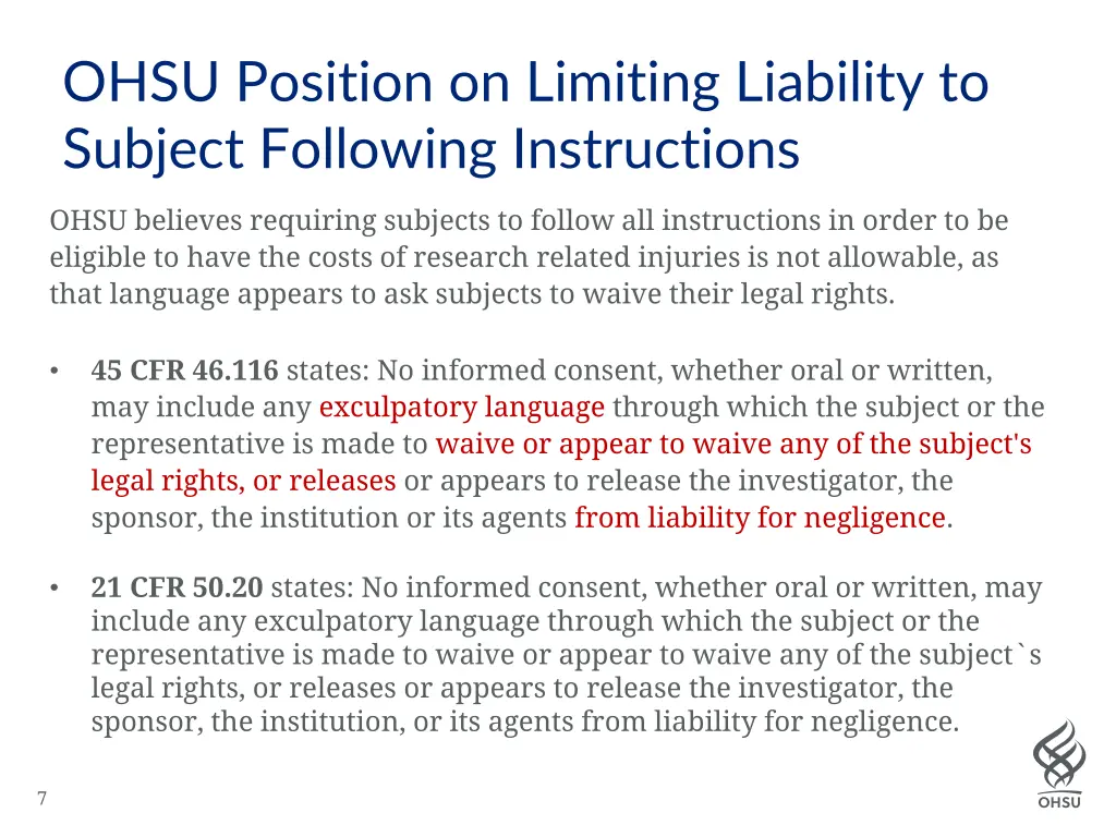 ohsu position on limiting liability to subject