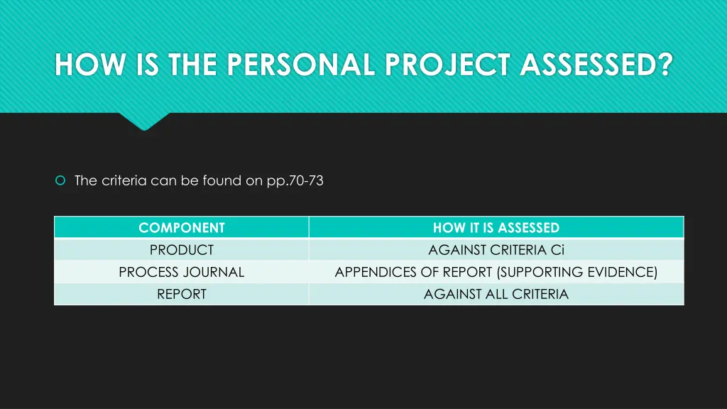 how is the personal project assessed