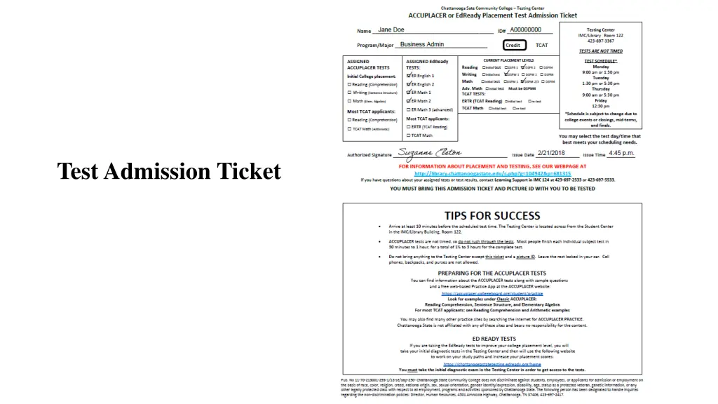 test admission ticket