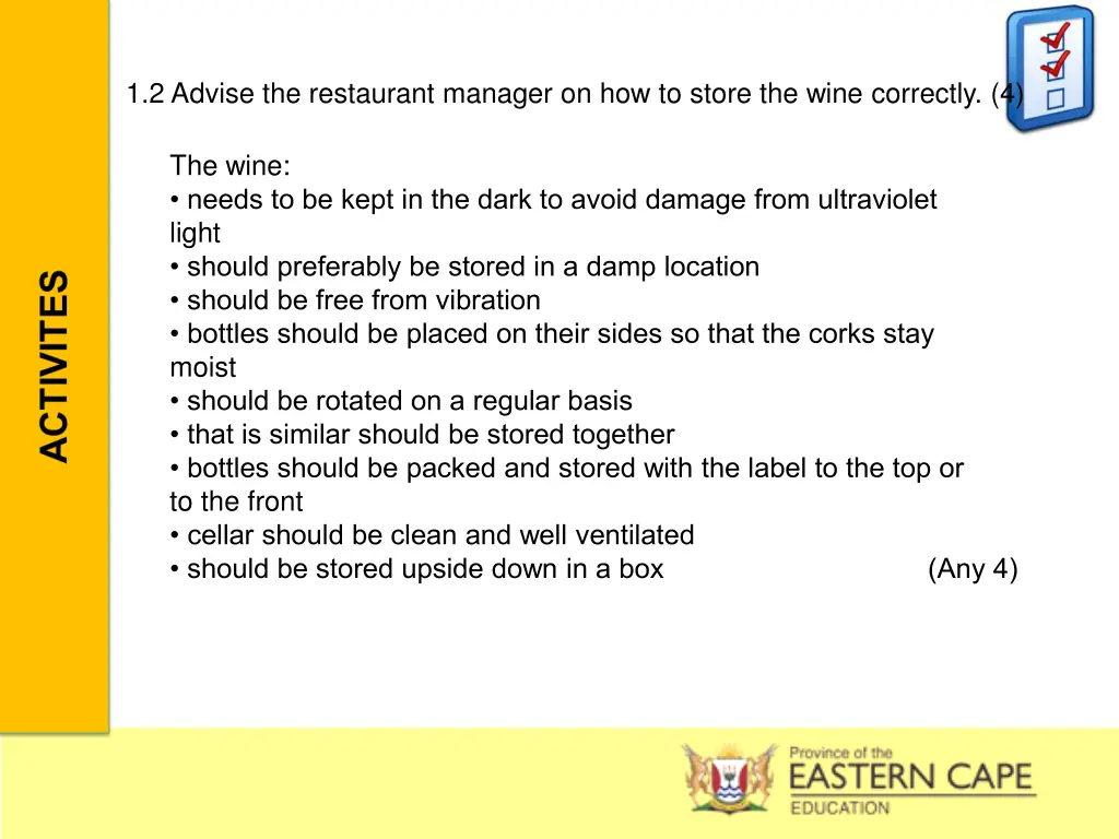 1 2 advise the restaurant manager on how to store