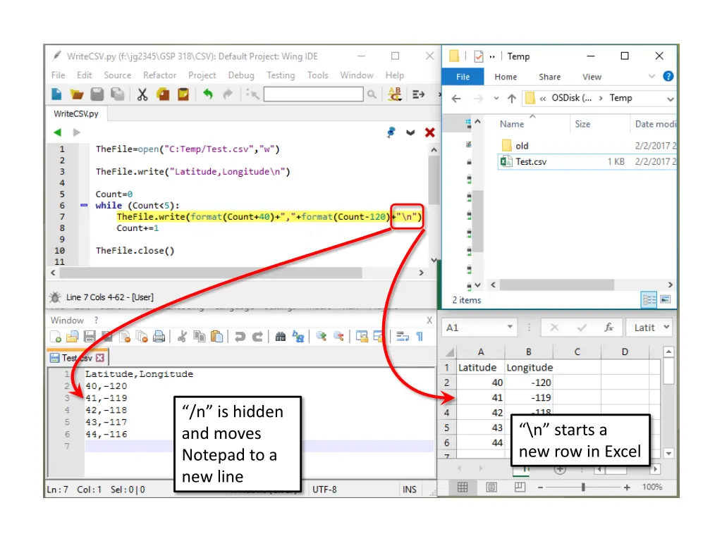 n is hidden and moves notepad to a new line 1