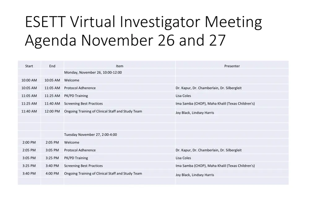 esett virtual investigator meeting agenda