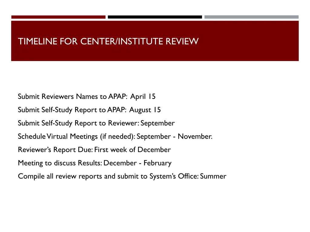 timeline for center institute review