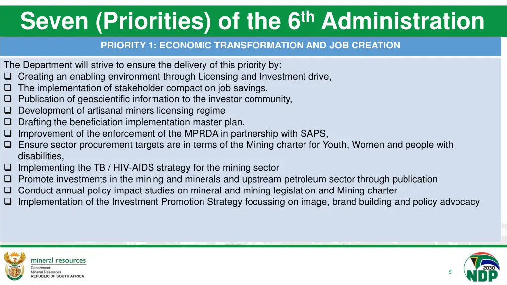 seven priorities of the 6 th administration