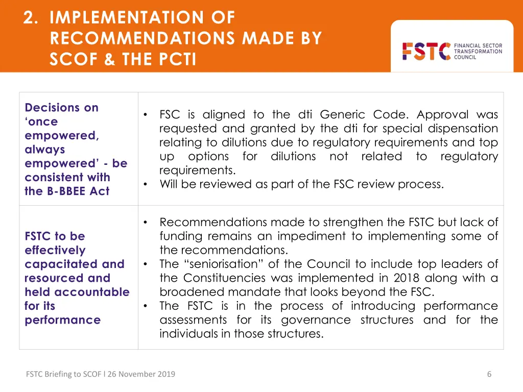 2 implementation of recommendations made by scof 2