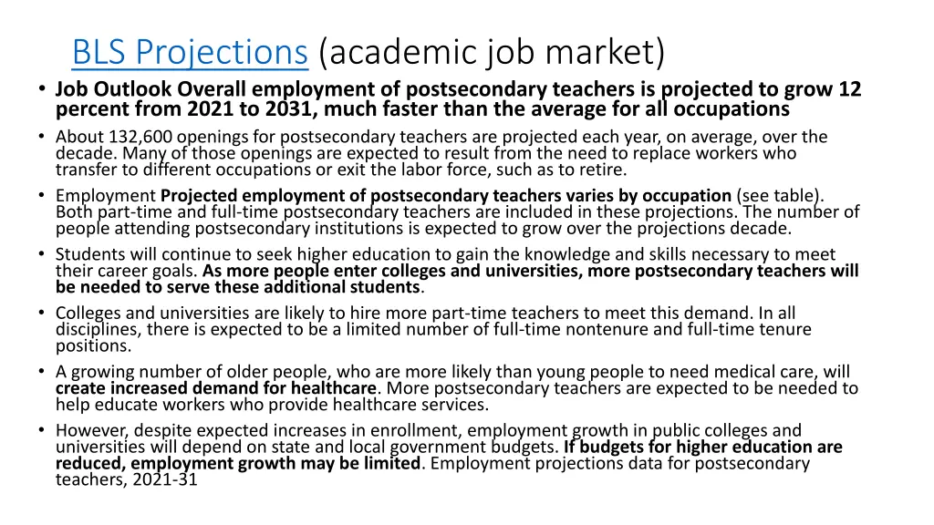 bls projections academic job market job outlook