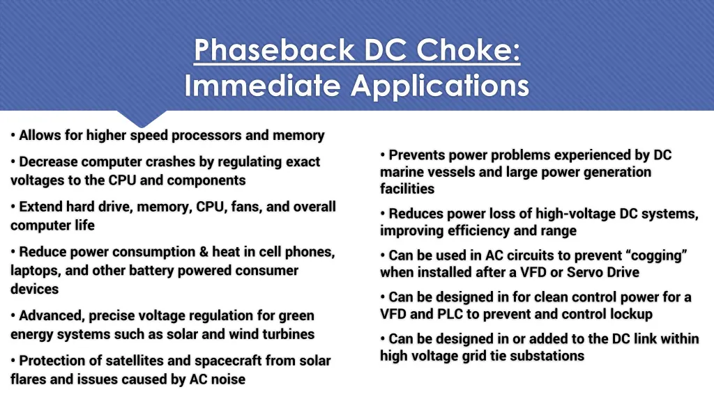 phaseback dc choke immediate applications