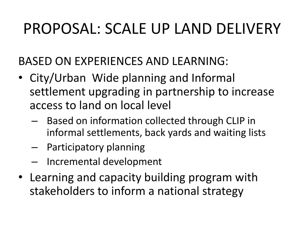 proposal scale up land delivery