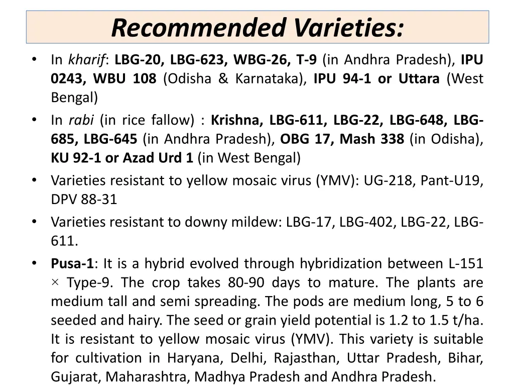 recommended varieties in kharif