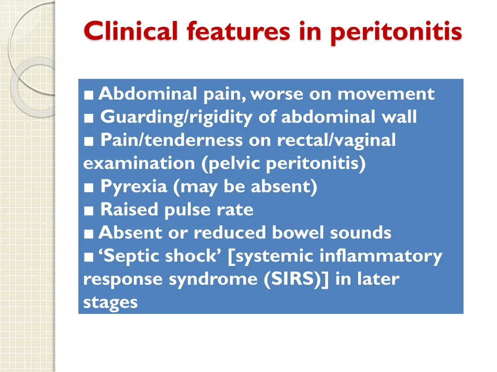 clinical features in peritonitis