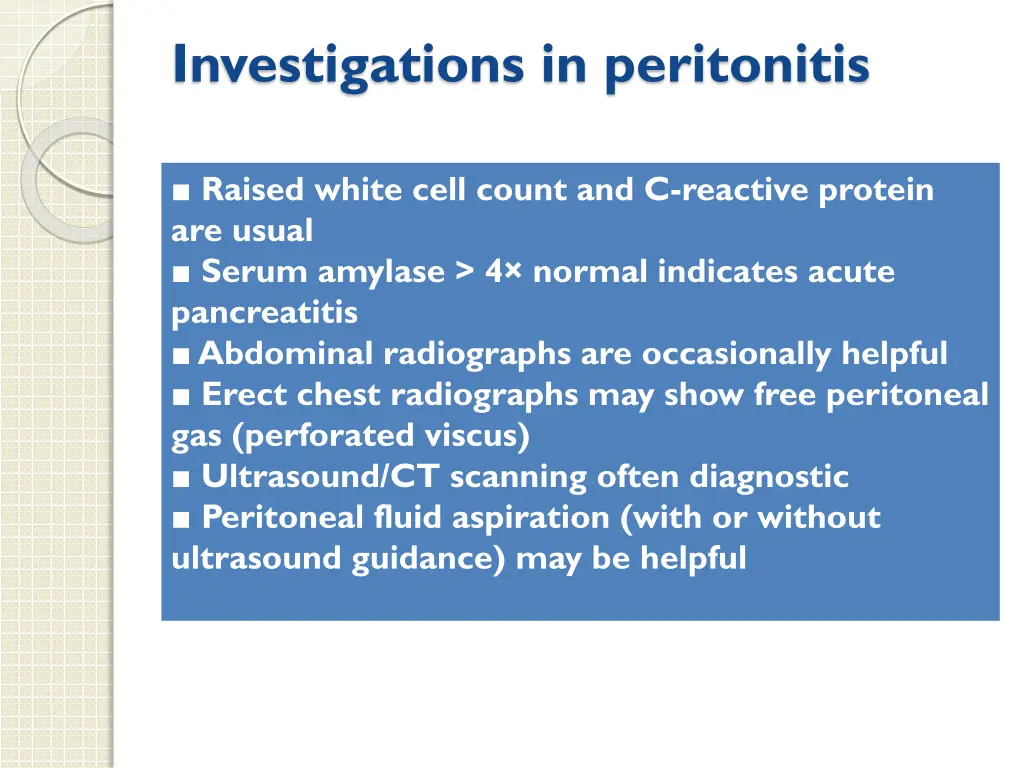 investigations in peritonitis