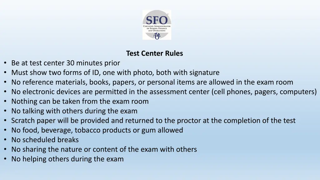 test center rules