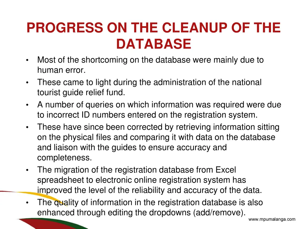 progress on the cleanup of the database most