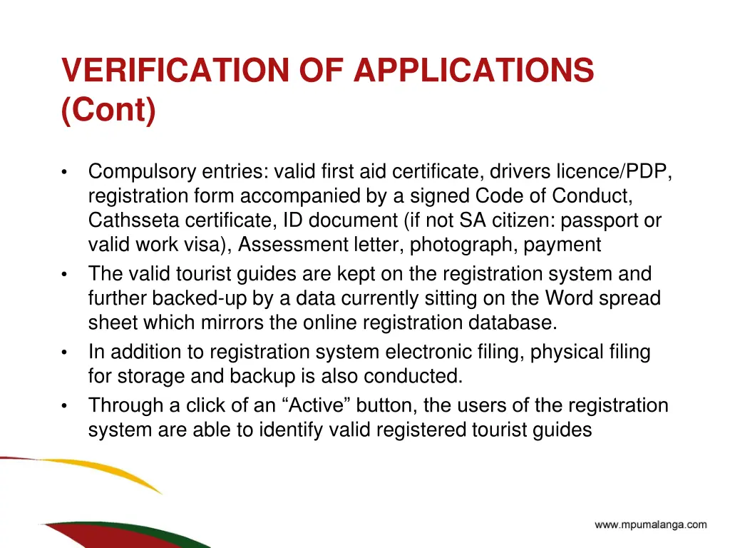 verification of applications cont