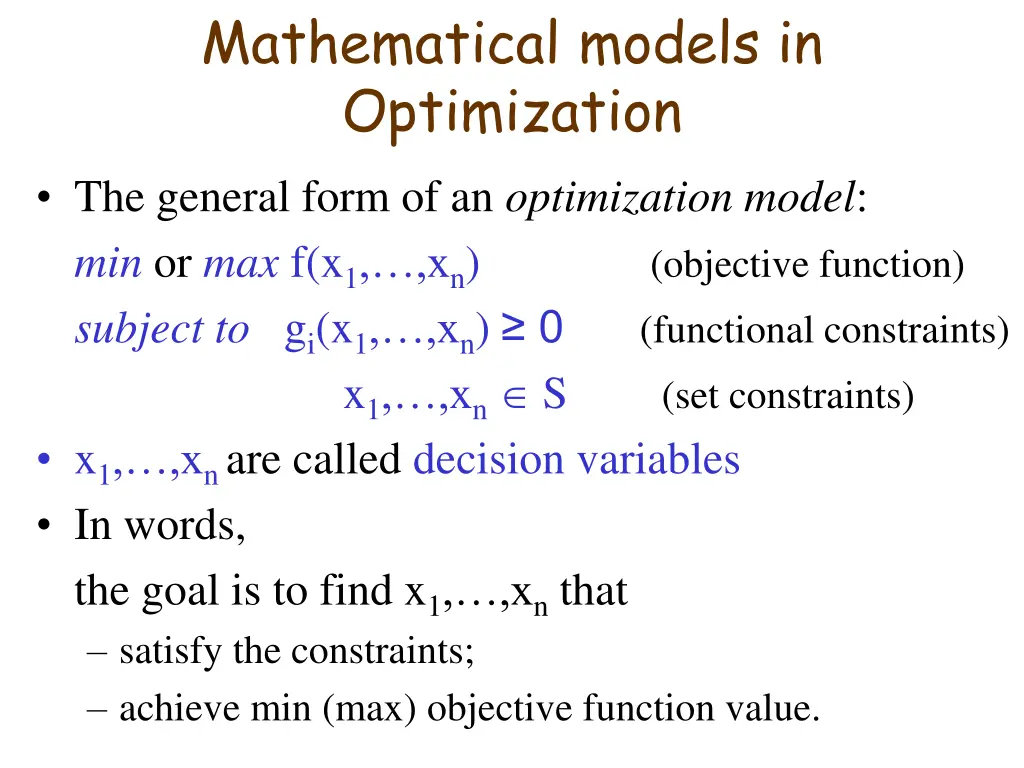 mathematical models in optimization the general