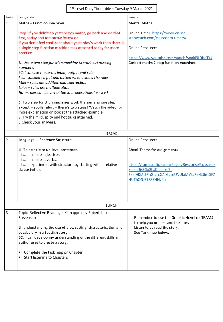 2 nd level daily timetable tuesday 9 march 2021