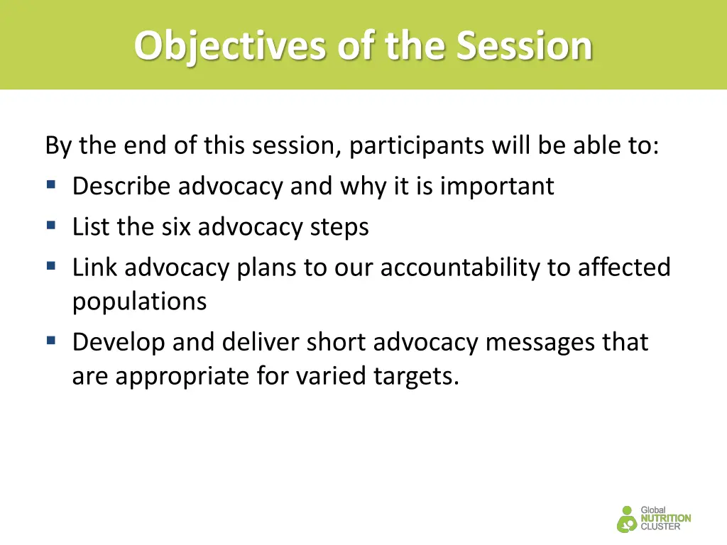 objectives of the session