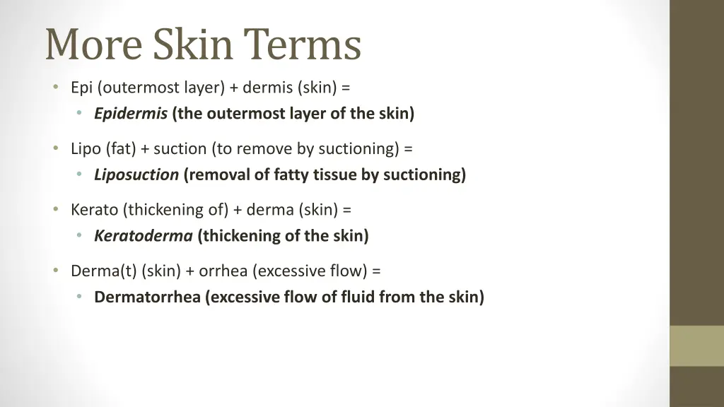 more skin terms epi outermost layer dermis skin